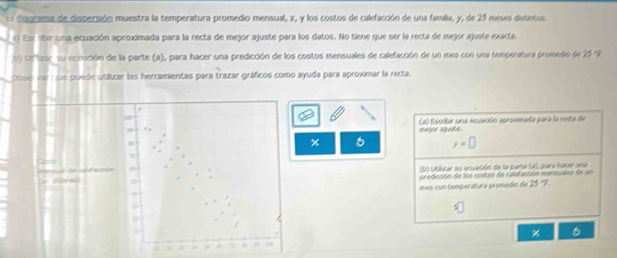 El diagrama de dispersión muestra la temperatura promedio mensual, x, y los costos de calefacción de una familia, y, de 25 meses distintos. 
(a) Est ribir una ecuación aproximada para la recta de mejor ajuste para los datos. No tiene que ser la recta de mejor ajuste exacta. 
b) Ltlizar su ecuación de la parte (a), para hacer una predicción de los costos mensuales de calefacción de un mes con una temperatura promedo de 25 E. 
Obser var que puede utilizar las herramientas para trazar gráficos como ayuda para aproximar la recta.
y
200
(a) Escribir una ecuación aproximada para la resta de 
mejor ajuste.
%
y=□
%

mensual de calefacción 
(b) Utilizar su ecuación de la parte (a), para hacer una 
en döleres 
predicción de los costos de calefacción mensuales de un 
mes con temperátura promedio de 25°
$
= 
/
%
50
6 25 =