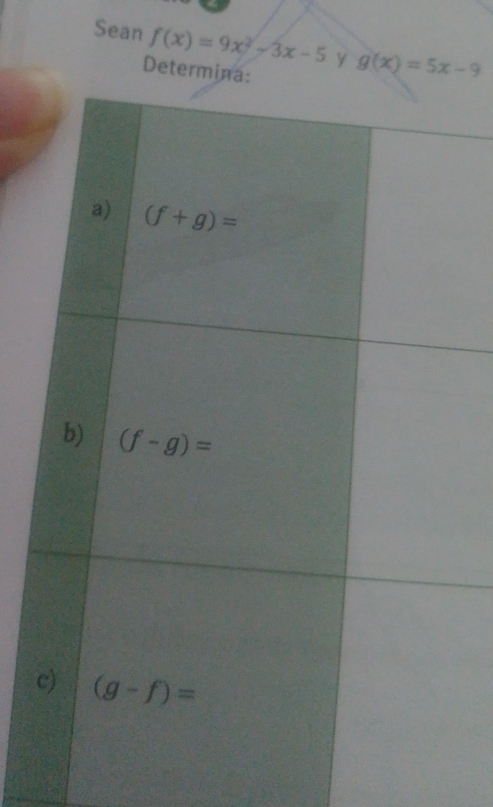 Sean f(x)=9x^2-3x-5 y g(x)=5x-9
Determi