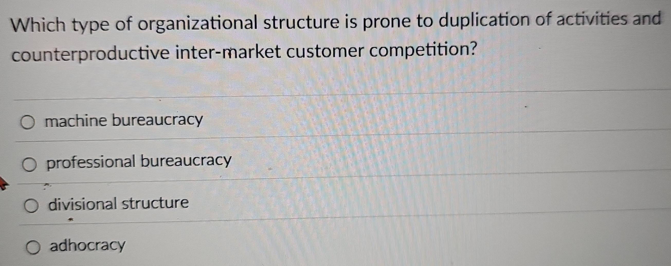 Solved: Which type of organizational structure is prone to duplication ...