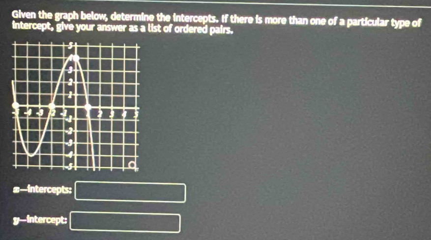 Given the graph below, determine the intercepts. If there is more than one of a particular type of 
intercept, give your answer as a list of ordered pairs. 
≌—intercepts: 
y-intercept: