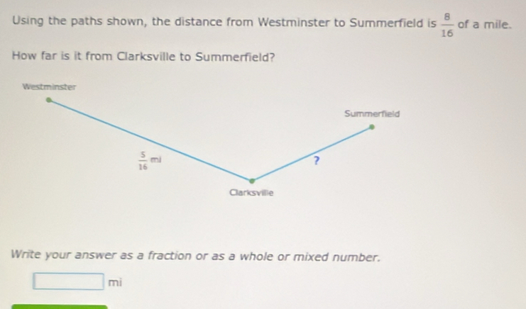 Using the paths shown, the distance from Westminster to Summerfield is  8/16  of a mile. 
How far is it from Clarksville to Summerfield? 
Westminster 
Summerfield
 5/16 ml
? 
Clarksville 
Write your answer as a fraction or as a whole or mixed number.
□ mi