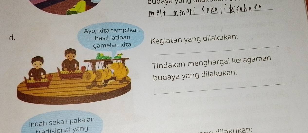 budaya yang đna 
_ 
_ 
Kegiatan yang dilakukan: 
Tindakan menghargai keragaman 
_ 
budaya yang dilakukan: 
indah sekali pakaian 
tradisional yang 
i u an: