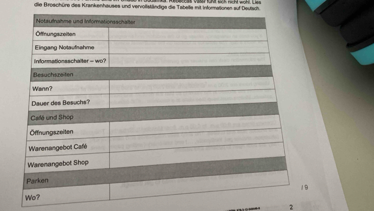 Sudainka. Rebeccas Vater fühlt sich nicht wohl. Lies 
die Broschüre des Krankenhauses und vervollständige die Tabelle mit Informationen auf Deutsch. 
2