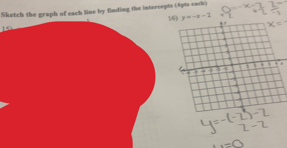 Sketch the graph of each line by finding the intercepts (4pts each)
7=
15 16) y=-x-2