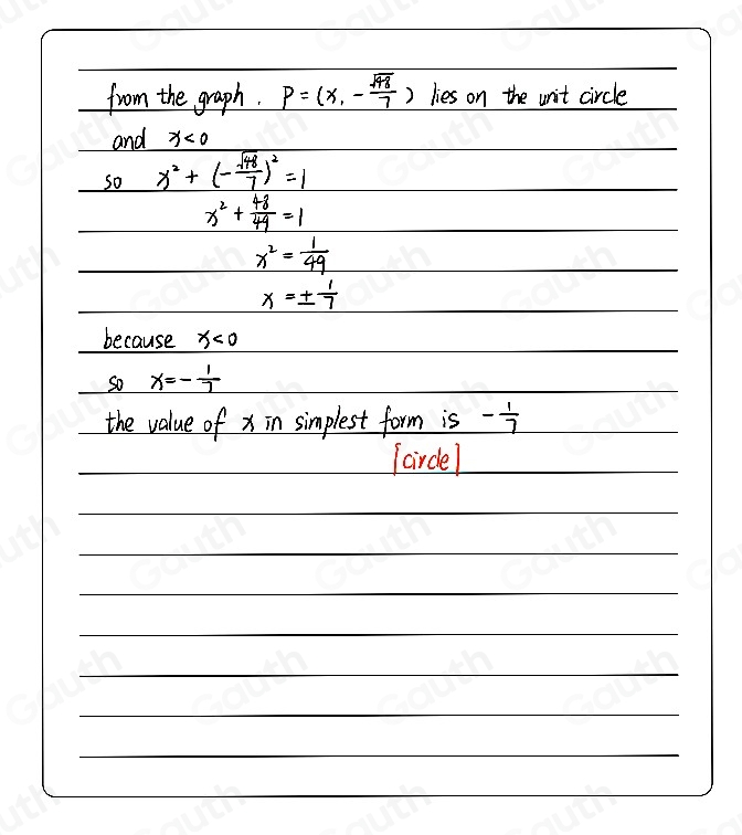 Solved: The point P=(x,- sqrt(48)/7 ) lies on the unit circle shown ...