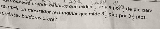 nthia está usando baldosas que miden  1/2  de pie por  1/2  de pie para 
recubrir un mostrador rectangular que mide 8 1/2  pies por 3 1/2  pies. 
¿Cuántas baldosas usará?