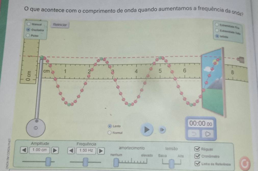 que acontece com o comprimento de onda quando aumentamos a frequência da onda
Manisal Reiniciar
Extremidade Fila
Oscilador
Estemidialn Sata
Pulso
intíndia
8
Amplitude Frequência
8 1.00 cm 1.50 Hz amortecimento tensão Réguas
nenhum elevado Baixa Alts Cranômetro
Linha de Referência