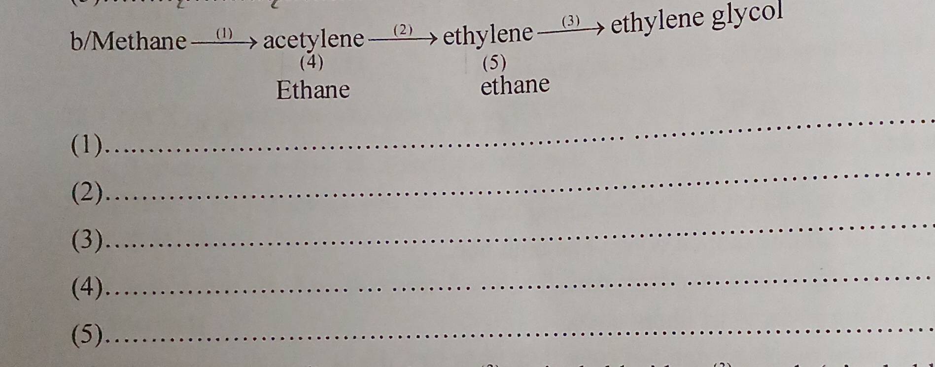 b/Methane acetylene (2) ethylene y > ethylene glycol 
(4) (5) 
Ethane ethane 
(1) 
_ 
(2) 
_ 
(3) 
_ 
(4) 
_ 
(5) 
_