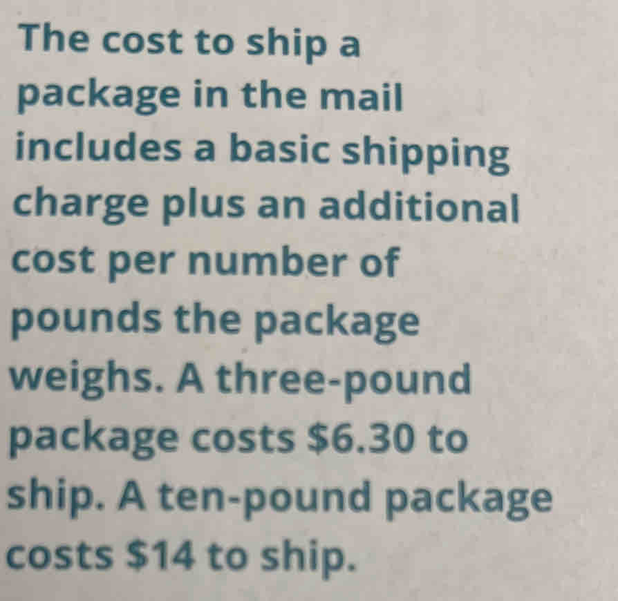 The cost to ship a 
package in the mail 
includes a basic shipping 
charge plus an additional 
cost per number of
pounds the package 
weighs. A three-pound
package costs $6.30 to 
ship. A ten-pound package 
costs $14 to ship.