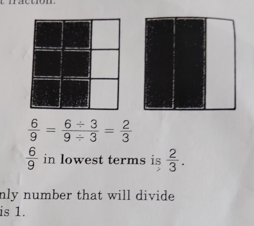  6/9 = (6/ 3)/9/ 3 = 2/3 
 6/9  in lowest terms is  2/3 . 
nly number that will divide . 
is 1.