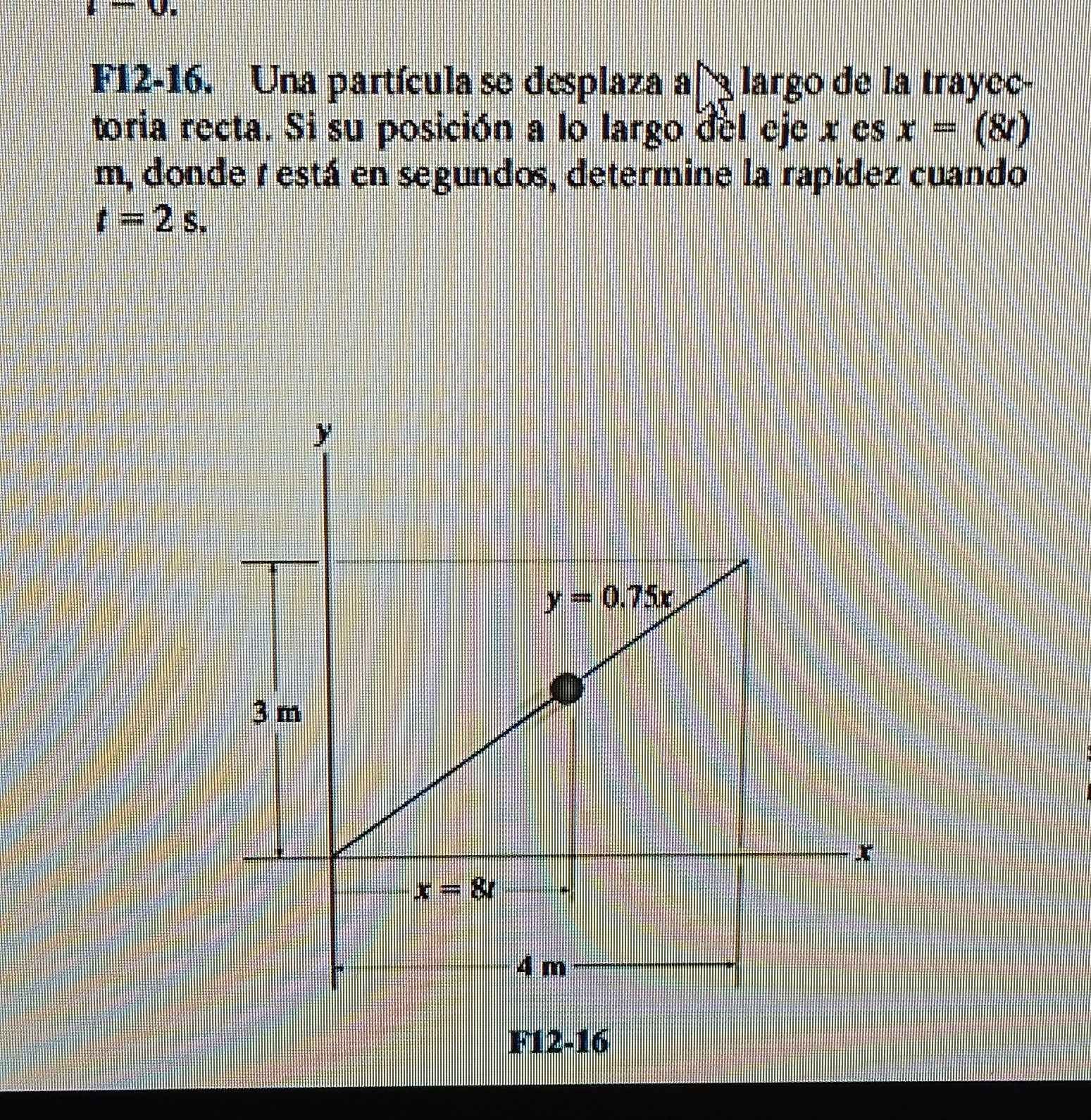 F12-16. Una partícula se desplaza añ largo de la trayec-
toria recta. Si su posición a lo largo del eje x es x=(8/)
m, donde 1 está en segundos, determine la rapidez cuando
t=2s.
F12-16