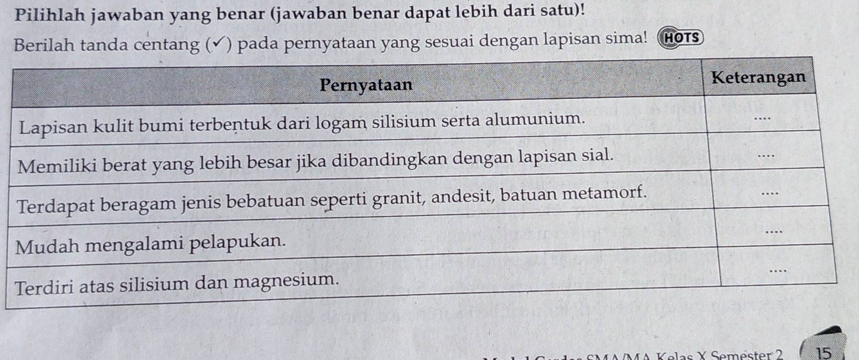 Pilihlah jawaban yang benar (jawaban benar dapat lebih dari satu)! 
Berilah tanda centang (✓) pada pernyataan yang sesuai dengan lapisan sima! HOTS 
MA Kelas X Semester 2 15