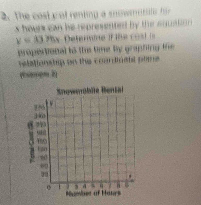 The cost y of renting a snowmoblls fo 
s hours can be represented by the equation .
y= 100 Deterine if the costis 
propertional to the time by graphing the 
relationship on the coardinabl plane 
(Esenpte 2) 
Snowmobile Rental 
a