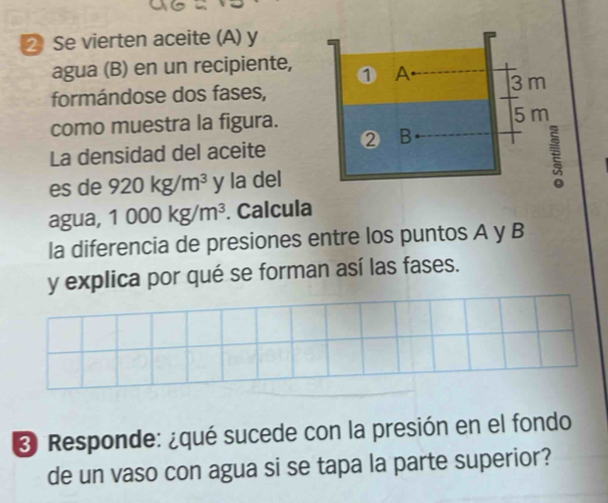 ❷ Se vierten aceite (A) y 
agua (B) en un recipiente, 
formándose dos fases, 
como muestra la figura. 
La densidad del aceite 
es de 920kg/m^3 y la del 
agua, 1000kg/m^3. Calcula 
la diferencia de presiones entre los puntos A y B 
y explica por qué se forman así las fases. 
3 Responde: ¿qué sucede con la presión en el fondo 
de un vaso con agua si se tapa la parte superior?