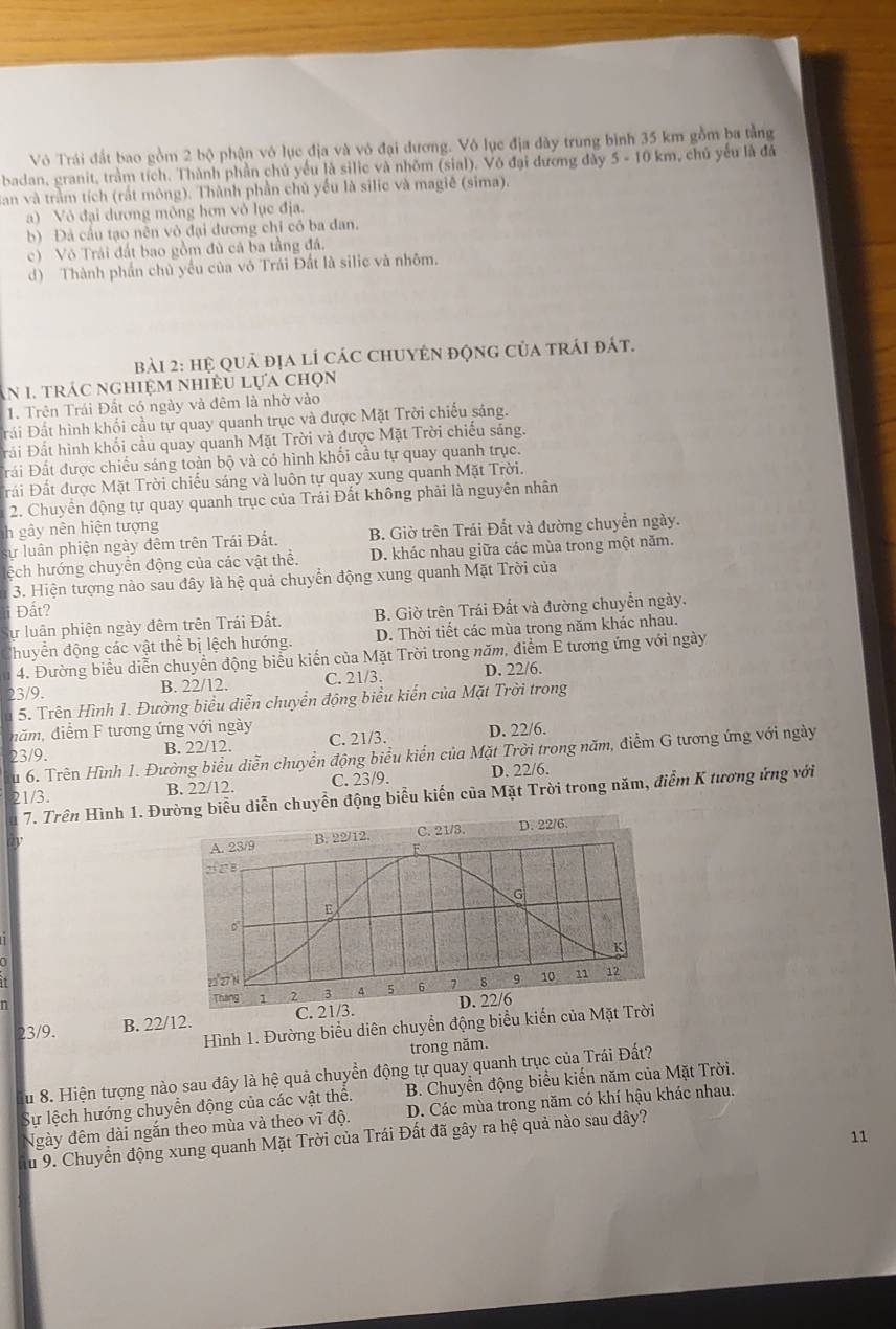 Vô Trái đất bao gồm 2 bộ phận vô lục địa và vô đại đương. Vô lục địa dây trung bình 35 km gồm ba tằng
badan, granit, trầm tích. Thành phần chủ yếu là silic và nhõm (sial). Vỏ đại đương đây 5-10 km, chủ yểu là đá
San và trầm tích (rất mông). Thành phần chủ yếu là silic và magiê (sima).
a) Vô đại dương mỏng hơn vỏ lục địa.
b) Đả cấu tạo nên vô đại đương chỉ có ba đan,
c) Vô Trái đất bao gồm đủ cá ba tầng đá.
d) Thành phần chủ yểu của vô Trái Đất là silic và nhôm.
bài 2: hệ quả địa lỉ các chuyên động của trái đát.
in 1. trác nghiệm nhiều lựa chọn
1. Trên Trái Đất có ngày và đêm là nhờ vào
Đải Đất hình khối cầu tự quay quanh trục và được Mặt Trời chiếu sáng.
Đải Đất hình khối cầu quay quanh Mặt Trời và được Mặt Trời chiều sáng.
Đái Đất được chiếu sáng toàn bộ và có hình khối cầu tự quay quanh trục.
Đải Đất được Mặt Trời chiếu sáng và luôn tự quay xung quanh Mặt Trời.
2. Chuyên động tự quay quanh trục của Trái Đất không phải là nguyên nhân
h gây nên hiện tượng
ự luân phiện ngày đêm trên Trái Đất. B. Giờ trên Trái Đất và đường chuyển ngày.
ệch hướng chuyên động của các vật thể. D. khác nhau giữa các mùa trong một năm.
3. Hiện tượng nào sau đây là hệ quả chuyển động xung quanh Mặt Trời của
Đất?
ư luân phiện ngày đêm trên Trái Đất. B. Giờ trên Trái Đất và đường chuyển ngày.
huyển động các vật thể bị lệch hướng. D. Thời tiết các mùa trong năm khác nhau.
4. Đường biểu diễn chuyển động biểu kiến của Mặt Trời trong năm, điểm E tương ứng với ngày
23/9. B. 22/12. C. 21/3. D. 22/6.
5. Trên Hình 1. Đường biểu diễn chuyển động biểu kiến của Mặt Trời trong
năm, diểm F tương ứng với ngày
23/9. B. 22/12. C. 21/3. D. 22/6.
u 6. Trên Hình 1. Đường biểu diễn chuyển động biểu kiển của Mặt Trời trong năm, điểm G tương ứng với ngày
21/3. B. 22/12. C. 23/9. D. 22/6.
7. Trên Hình 1. Đường biểu diễn chuyển động biểu kiến của Mặt Trời trong năm, điểm K tương ứng với
C. 21/3. D. 22/6.
A. 23/9 B. 22/12.
21 27 B
G
E
0

23°z7 N
n Tháng 1 2 3 4 5 6 7 8 9 10 11 12
23/9. B. 22/12. C. 21/3. D. 22/6
Hình 1. Đường biểu diên chuyển động biểu kiến của Mặt Trời
trong năm.
u 8. Hiện tượng nào sau đây là hệ quả chuyển động tự quay quanh trục của Trái Đất?
Sự lệch hướng chuyển động của các vật thê. B. Chuyển động biểu kiến năm của Mặt Trời.
Ngày đêm dài ngắn theo mùa và theo vĩ độ. D. Các mùa trong năm có khí hậu khác nhau.
11
u 9. Chuyển động xung quanh Mặt Trời của Trái Đất đã gây ra hệ quả nào sau đây?