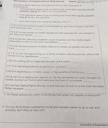 Declaration of Independence Grievances Name 
_ 
_ 
idecendence. Directions: Belaw are most of the grievances from the Declaration of 
lf the grievence seems to be something that would affect only the rich and 
Lowerful, write O (for ONt.Y rich and powerful) 
write A (for ALL, the colonists) If the grievance seems to be something that would affect all the colonists 
If you dan' know who would be affected, write '' 
(1 & 2) He has refused to pass, and forbidden his gevernors to pass, important 
and necessary laws. 
_ 
_ 
let others be elected. (5 & 6) He has broken up certain legislatures that opposed him, and refused to 
(8 & 9) He has refused to establish courts of justice, and has made judges 
_ 
dependant on him for their jobs and salaries. 
_ 
food. (10) He has sent swarms of British officers to harass our people and eat our 
(11 & 12) He has kept among us, in times of peace, standing armies, without the 
_ 
consent of our legislatures. 
(16) For cutting off our trade with all parts of the world;_ 
_ 
(17) For imposing taxes on us without our consent; 
(18) For depriving us, in many cases, of the benefits of trial by jury; 
_ 
(23 & 24) He is waging war against us; He has plundered our seas, ravaged our 
coasts, burned our towns, and destroyed the lives of our people. 
_ 
(27) He has started fights among us and has also forced us to live near merciless 
Indian savages._ 
1. Do these grievances seem to be things that upset rich people or everyone? 
2. Do you think these complaints would give people reason to go to war and 
possibly die? Why or why not? 
Declaration of Independeno