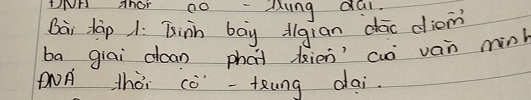 HNH Ahor co -lung dai 
bài tàp 1. Jinn bay dlgian dāc diem 
ba giai dcan phat dxien aó ván mink 
NA thài cò -tung dai