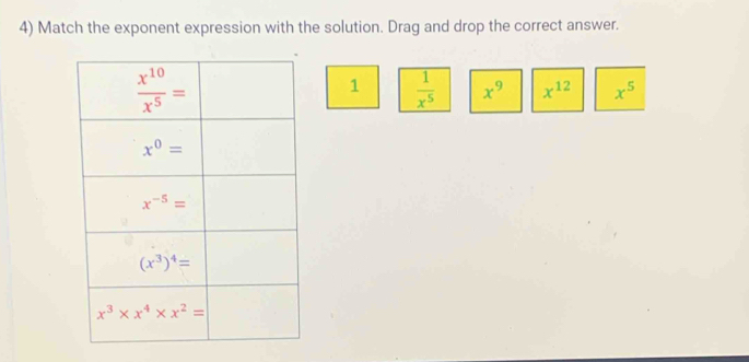 Match the exponent expression with the solution. Drag and drop the correct answer.
1  1/x^5  x^9 x^(12) x^5