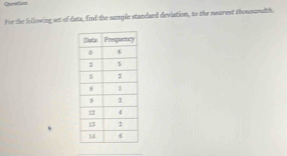 Quention 
For the fullowing set of data, find the sample standard deviation, to the neorest thousondth.