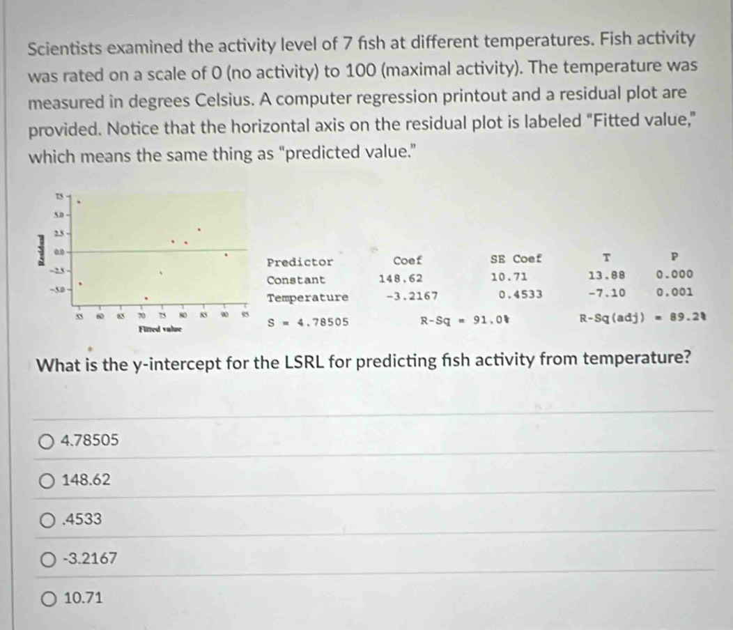 Scientists examined the activity level of 7 fish at different temperatures. Fish activity
was rated on a scale of 0 (no activity) to 100 (maximal activity). The temperature was
measured in degrees Celsius. A computer regression printout and a residual plot are
provided. Notice that the horizontal axis on the residual plot is labeled “Fitted value,”
which means the same thing as “predicted value.”
75.
50; 25
-25 Coef SE Coef T p
Predictor
Constant 148.62 10.71 13.88 0.000
-50 -3.2167 0.4533 - 7.10 0.001
Temperature
6 7 75 80 85 90 95
S=4.78505 R-Sq=91.0 R-Sq(adj)=89.2
Fitted value
What is the y-intercept for the LSRL for predicting fish activity from temperature?
4.78505
148.62 . 4533
-3.2167
10.71