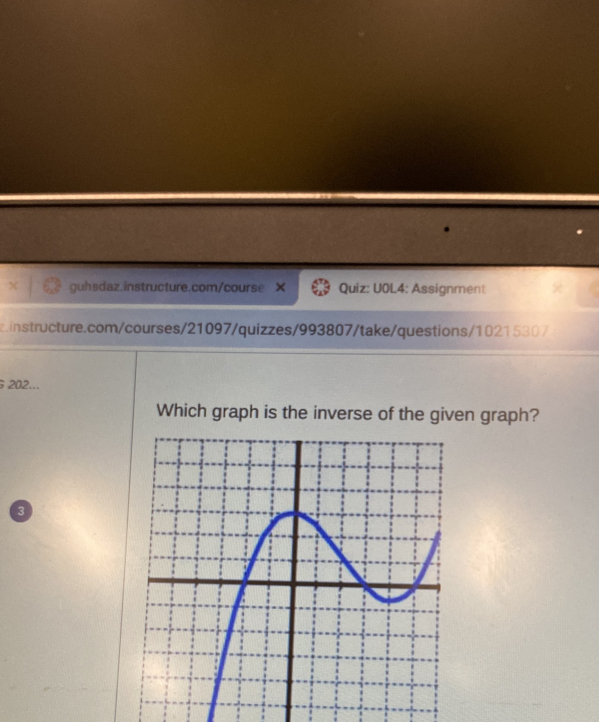 U0L4: Assignment 
z.instructure.com/courses/21097/quizzes/993807/take/questions/10215307 
G 202... 
Which graph is the inverse of the given graph? 
3