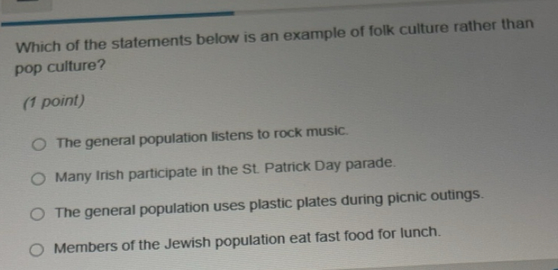 Solved: Which of the statements below is an example of folk culture ...
