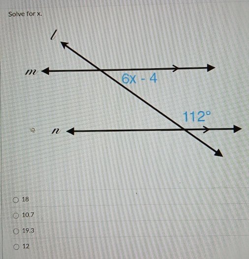 Solve for x.
18
10.7
19.3
12