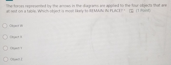 The forces represented by the arrows in the diagrams are applied to the four objects that are
at rest on a table. Which object is most likely to REMAIN IN PLACE? * (1 Point)
Object W
Object X
Object Y
Object Z