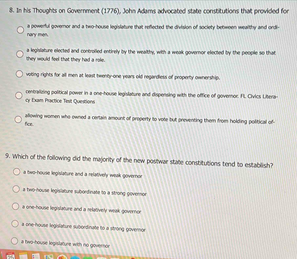 Solved: In his Thoughts on Government (1776), John Adams advocated ...