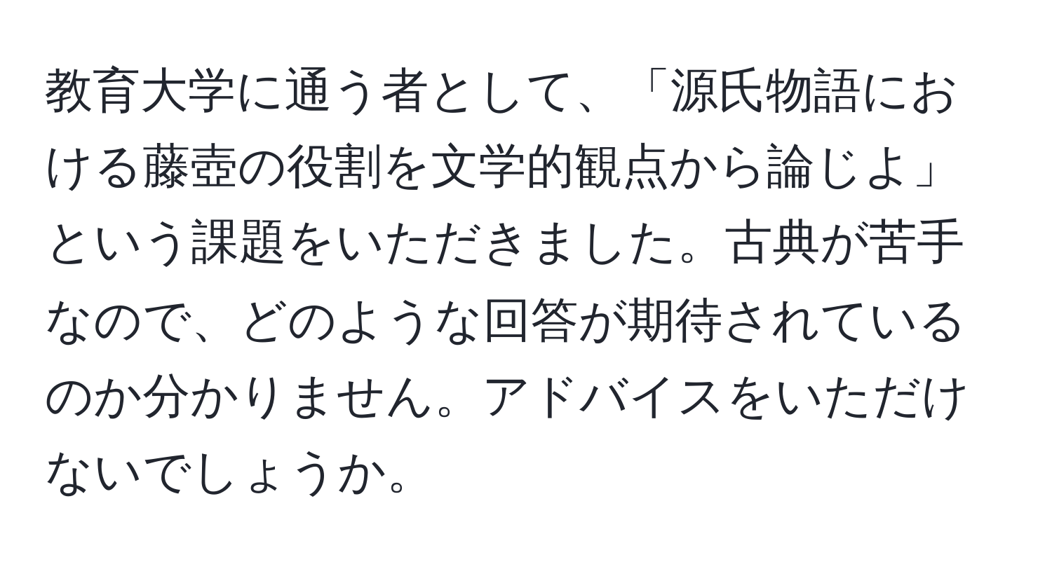 教育大学に通う者として、「源氏物語における藤壺の役割を文学的観点から論じよ」という課題をいただきました。古典が苦手なので、どのような回答が期待されているのか分かりません。アドバイスをいただけないでしょうか。