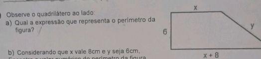 Observe o quadrilátero ao lado: 
a) Qual a expressão que representa o perimetro da 
figura? 
b) Considerando que x vale 8cm e y seja 6cm,
x+8