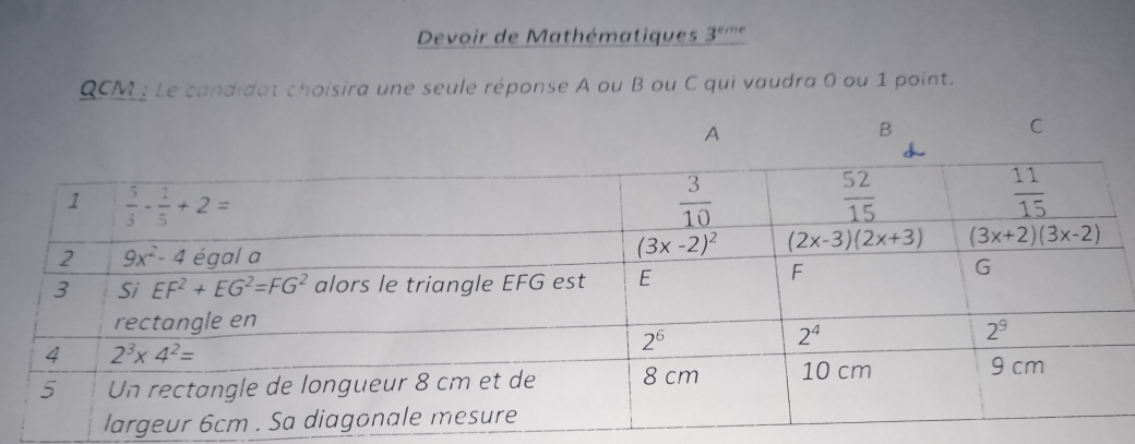 Devoir de Mathématiques 3^(eme)
QCM: Le candidat choisira une seule réponse A ou B ou C qui vaudra 0 ou 1 point.