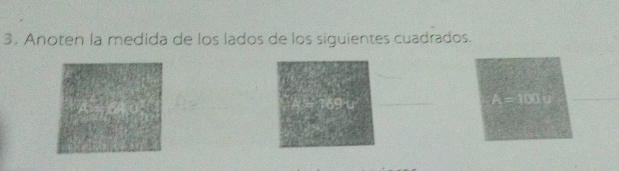 Anoten la medida de los lados de los siguientes cuadrados. 
_
A=1000 _