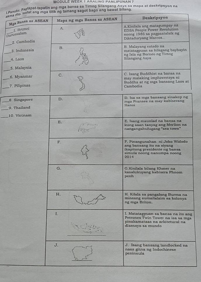 MODULE WEEK 1 ARALING PANLIPUNAN 7 
l.Panulo: Pagtapat-tapatin ang mga bansa sa Timog Silangang Asya sa mapa at deskripsyon na 
akmato. Isulat ang mga titik ng tamang sagot bago ang bawat bilang. 
Mg 
_ 
1 
Daru 
_ 
2 
_ 
3. 
_ 
4. 
_ 
5. 
_ 
6. 
_ 
7. t 
_8 g 
_ 
9. 
_ 
10 
ng 
ga 
a
