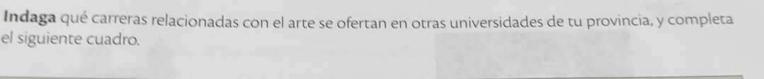 Indaga qué carreras relacionadas con el arte se ofertan en otras universidades de tu provincia, y completa 
el siguiente cuadro.