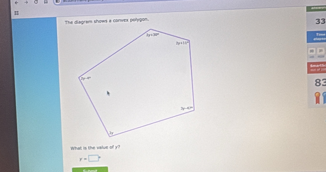 Afc
The diagram shows a convex polygon.
33
Time
ctapee
∞ J1
SmartSc
out of So
83
11
What is the value of y?
y=□°
Ce