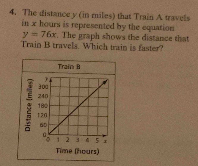 The distance y (in miles) that Train A travels 
in x hours is represented by the equation
y=76x. The graph shows the distance that 
Train B travels. Which train is faster? 
Train B 
Time (hours)