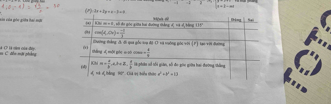 Gốc giữa hai beginarrayl y=3+t z=2-mtendarray. Và mạt pháng
-1 -2 2
(P) :2x+2y+z-3=0.
sin của góc giữa hai mặt
là O là tâm của đây. 
m C đến mặt phẳng