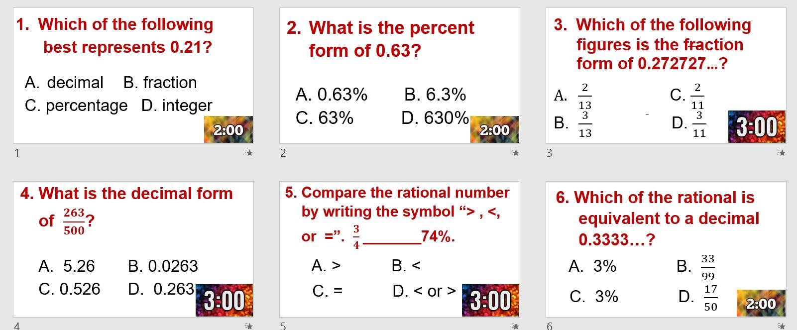 Which of the following 2. What is the percent
3. Which of the following
best represents 0.21? form of 0.63? figures is the fraction
form of 0.272727...?
A. decimal B. fraction
A. 0.63% B. 6.3% A.  2/13   2/11 
C.
C. percentage D. integer
C. 63% D. 630%
2:00
D.
2:00 B.  3/13   3/11  3:□
1
2
3

4. What is the decimal form 5. Compare the rational number 6. Which of the rational is
by writing the symbol '' , ,
of  263/500  ? equivalent to a decimal
or =".  3/4  _ 74%. 0.3333…?
A. 5.26 B. 0.0263 A. B. A. 3% B.  33/99 
C. 0.526 D. 0.263 C. = D. or > 3:00
3:00
C. 3% D.  17/50  2:00
4
6