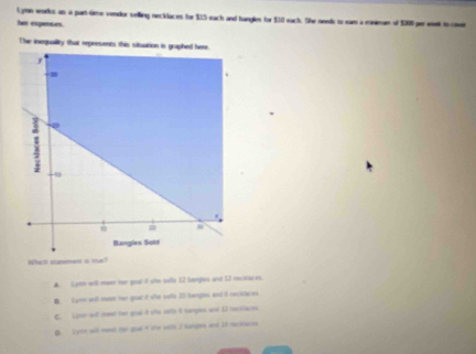 Lymn works as a part time vendor selling necklaces for $15 each and bangles for $10 each. She needs to eam a mninum of $000 per welk to cover
her expenses.
The inequality that represents this situation is graphed here
A. Lyrn will mwet her goal if she solte 12 bangles and 13 necataces.
B. Cyrm slt meen her goar if she selle 20 bangles and it recitaces
C. Lipon will mest hor goal d she eeth E nanges and (2.neiklaces
D. cyen wil mat tal goal 4 she will I larges and 13 racirenes