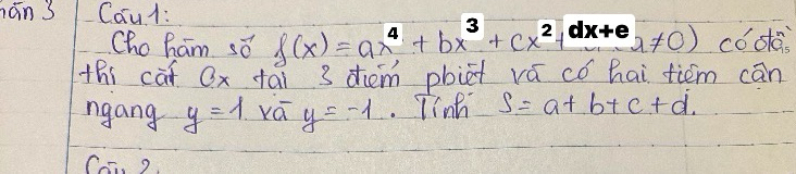 hán 3 Cau1: f(x)=ax^4+bx^3+cx^2+dx+ex+ex cóole 
Cho ham sǒ 
thi cat Qx fái 3 dhem pbiet vá có hai tiēm cān 
ngang y=1 vá y=-1. Tinh S=a+b+c+d