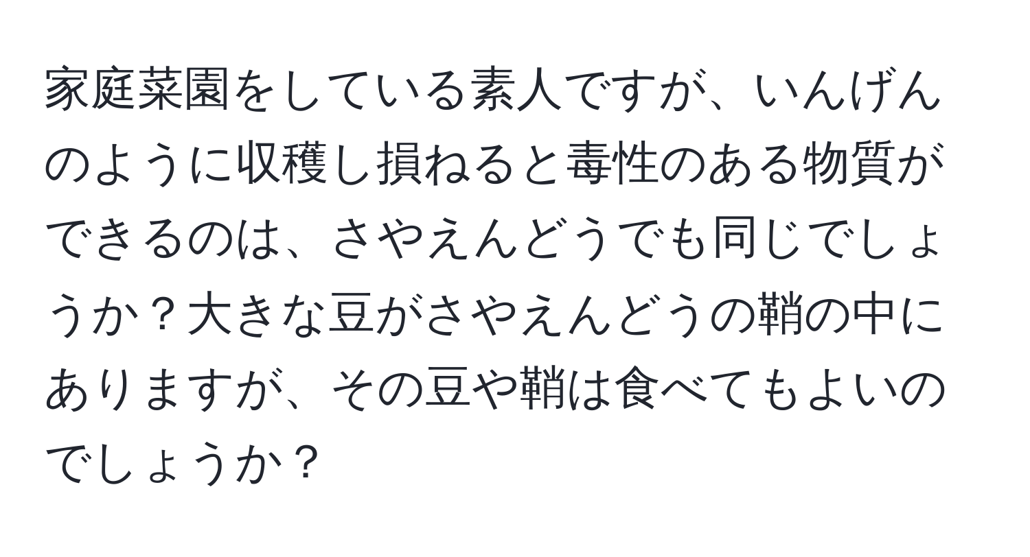 家庭菜園をしている素人ですが、いんげんのように収穫し損ねると毒性のある物質ができるのは、さやえんどうでも同じでしょうか？大きな豆がさやえんどうの鞘の中にありますが、その豆や鞘は食べてもよいのでしょうか？