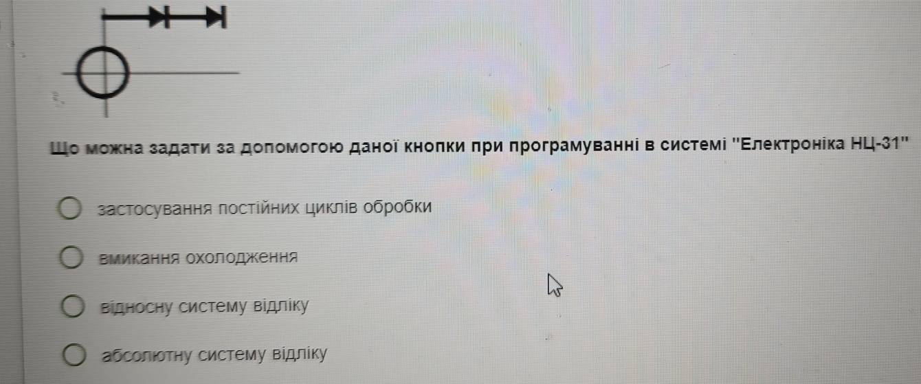 Шо можна задаτиза доπомогою даноί κноπки πриπрограмуванні в системі ΚΕлеκтронίка НЦ-31''
застосування πосτійних циклів οбробки
Βмикання оχолоджкення
Βідносну систему відліку
абсолιотηу систему відліку