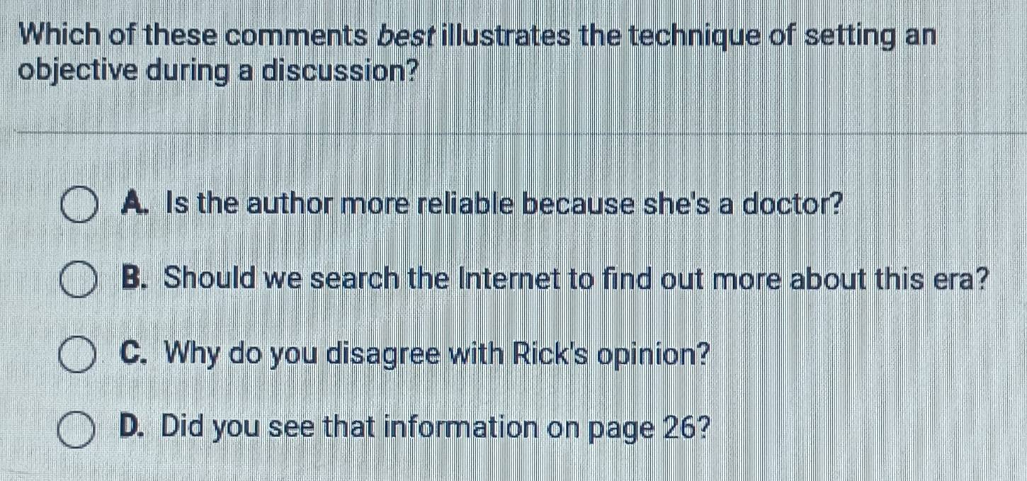 Solved: Which of these comments best illustrates the technique of ...
