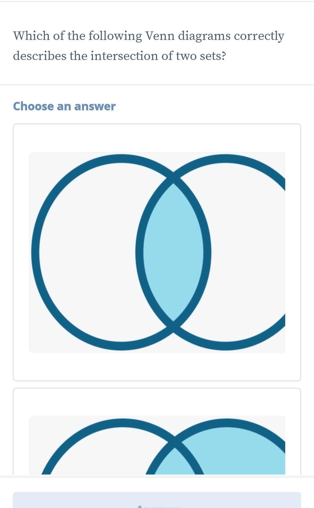 Which of the following Venn diagrams correctly 
describes the intersection of two sets? 
Choose an answer