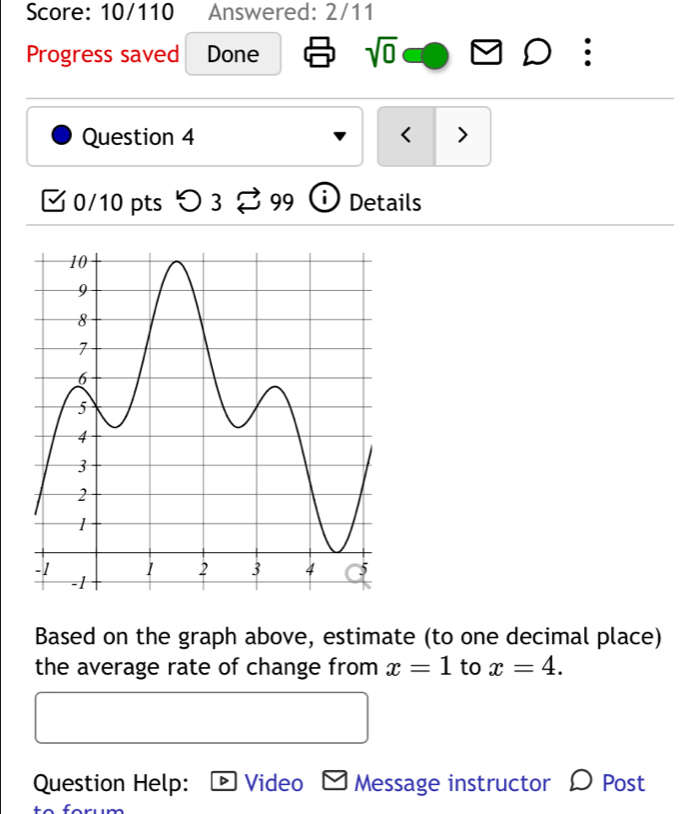 Score: 10/110 Answered: 2/11 
Progress saved Done sqrt(0) 
Question 4 < > 
0/10 pts つ 3 B99 Details 
Based on the graph above, estimate (to one decimal place) 
the average rate of change from x=1 to x=4. 
Question Help: Video Message instructor Post