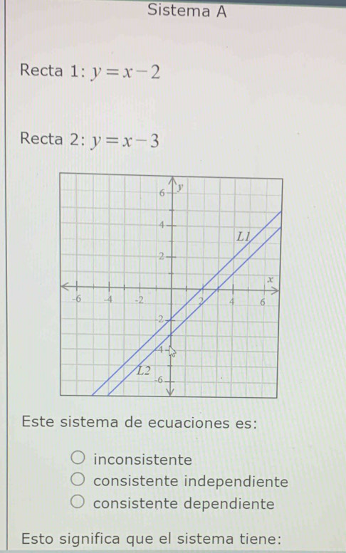 Sistema A
Recta 1:y=x-2
Recta 2:y=x-3
Este sistema de ecuaciones es:
inconsistente
consistente independiente
consistente dependiente
Esto significa que el sistema tiene: