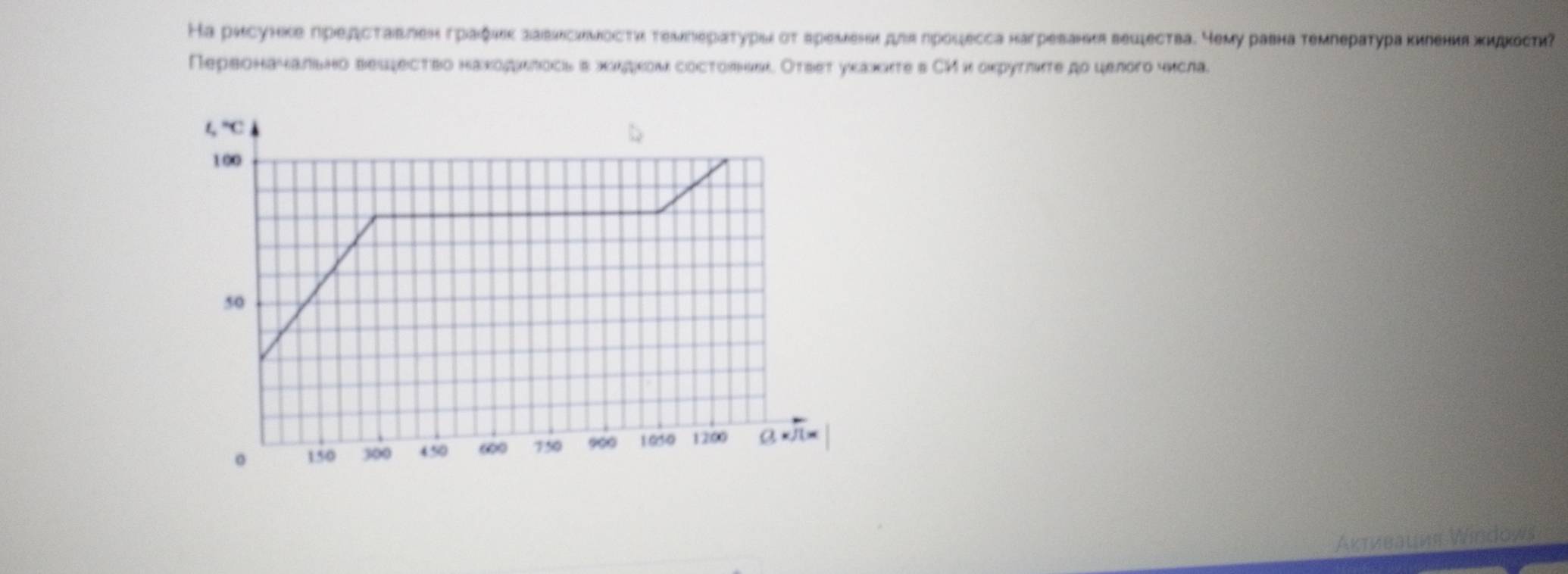 Ка рисунκе πредсτавлен граζиκ зависимосτи τемлераτγры στ временιдеπ лроцесса нагревания вецιества. Нему равна темлераτура κилениа κидκесτиΡ
Первоначально вesecтво находιλлось в хидκом состовввι. Оτвеτ уκахιτе в СΗи оκруτлκτе дο целого числа.