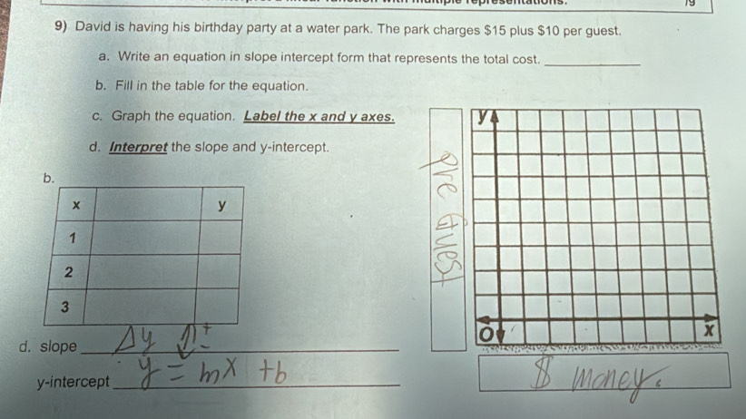 19 
9) David is having his birthday party at a water park. The park charges $15 plus $10 per guest. 
a. Write an equation in slope intercept form that represents the total cost._ 
b. Fill in the table for the equation. 
c. Graph the equation. Label the x and y axes. 
d. Interpret the slope and y-intercept. 
d. slope_ 
y-intercept_