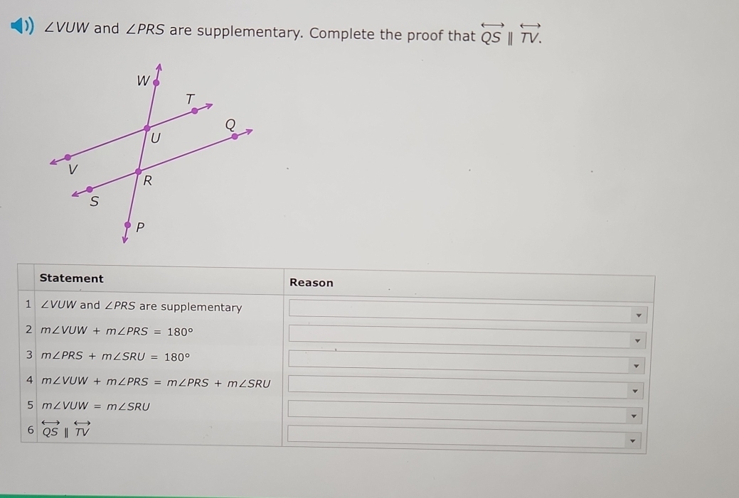 )) ∠ VUW and ∠ PRS are supplementary. Complete the proof that overleftrightarrow QSparallel overleftrightarrow TV. 
Statement Reason
1 ∠ VUW and ∠ PRS are supplementary
2 m∠ VUW+m∠ PRS=180°
3 m∠ PRS+m∠ SRU=180°
4 m∠ VUW+m∠ PRS=m∠ PRS+m∠ SRU
5 m∠ VUW=m∠ SRU
6 overleftrightarrow QSparallel overleftrightarrow TV